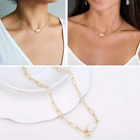 18k Gold Paperclip Chain Choker Satellite Chain Lava Bead Pendant Necklace Daint